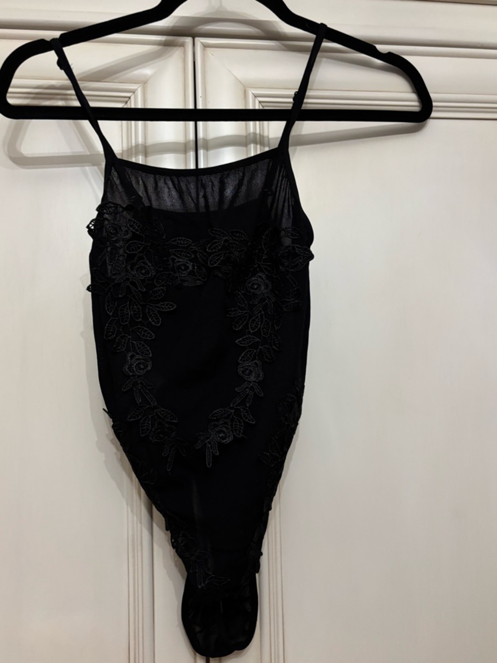 Black Lace-Trim Shaping Bodysuit with Sheer Neckline